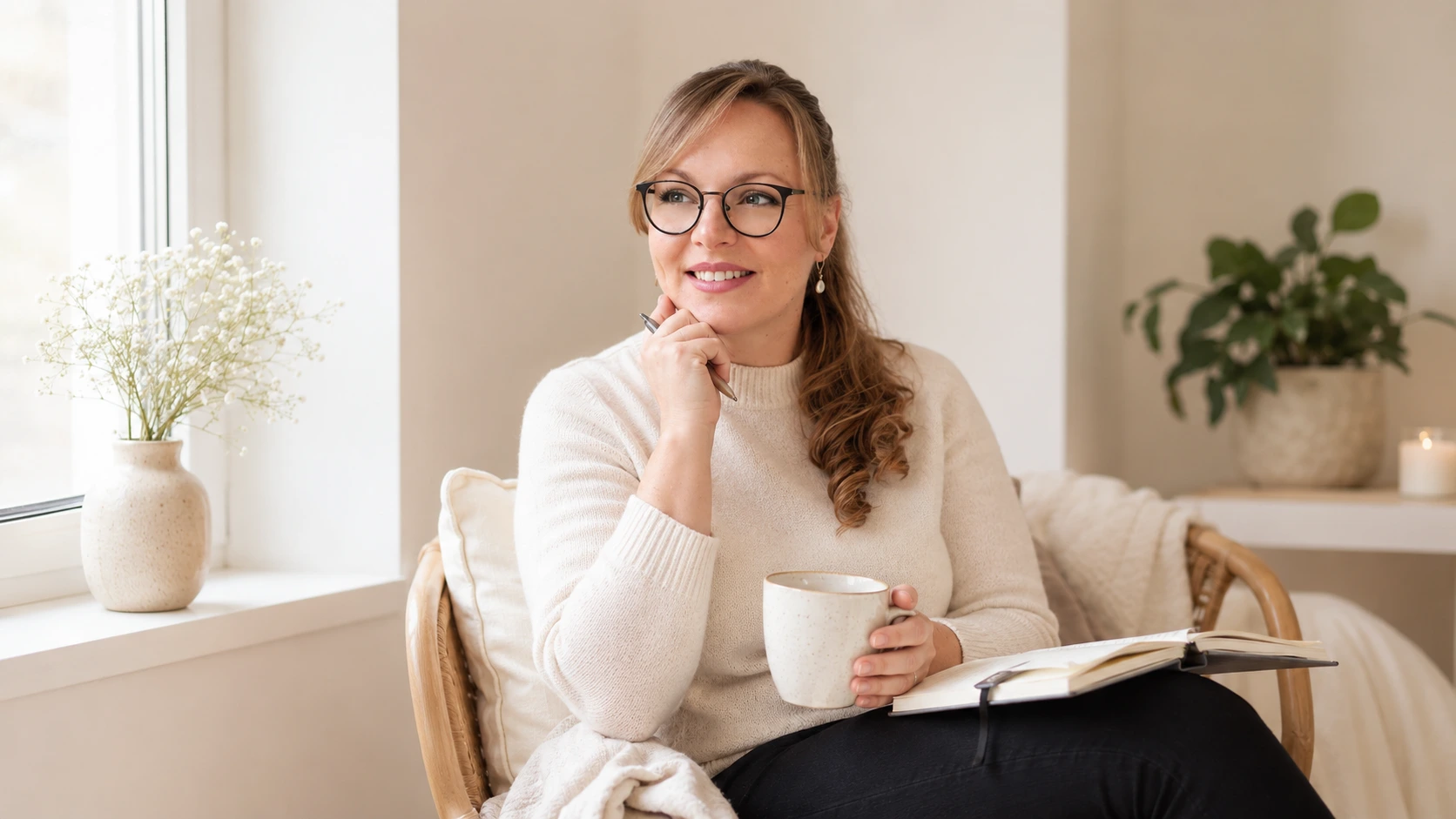 Frau am Fenster mit Kaffee, ruhig und präsent