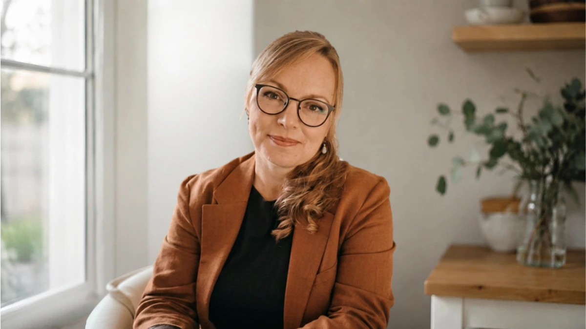 es-ist-ja-nur-sanfte-luege Frau am Fenster, Sabine Böske, freundlich, leicht lächelnd