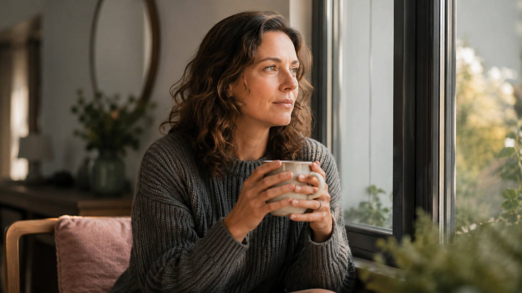 coaching-therapie-mentoring-was-passt-zu-dir Frau über 40 sitzt nachdenklich am Fenster und überlegt, welche Unterstützung zu ihr passt