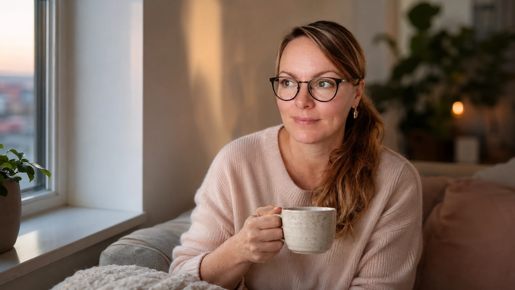 die-frage-jeden-sonntagabend Frau Ende 40 sitzt am Sonntagabend ruhig mit einer Tasse Tee und reflektiert – gut zu sich selbst sein