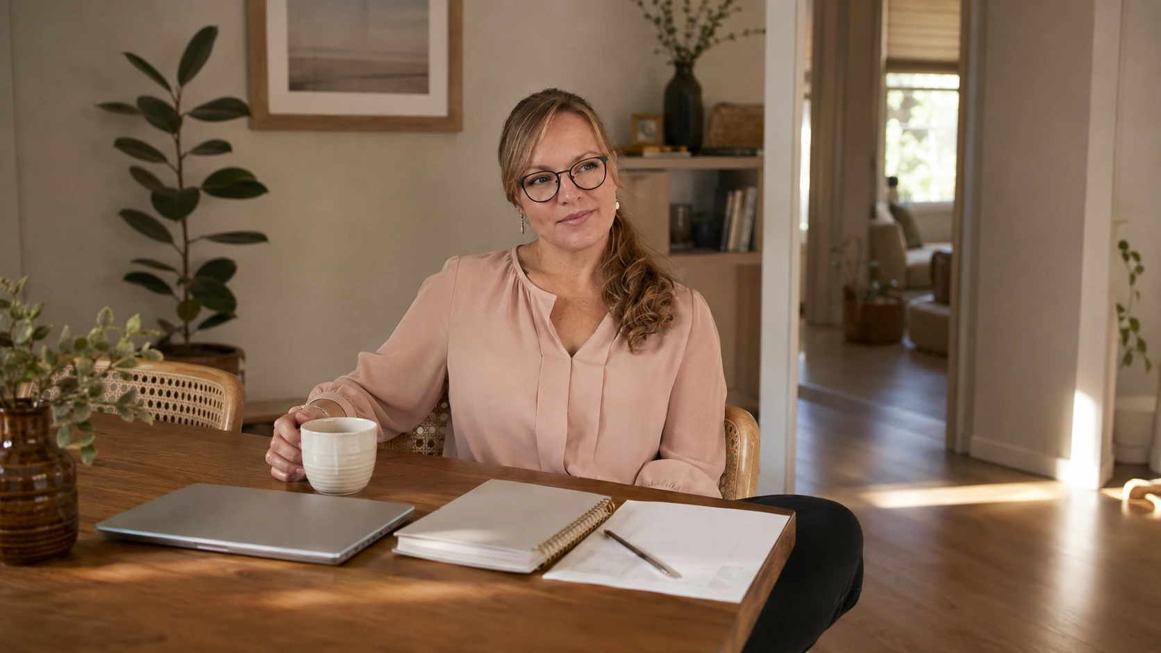 kraft-im-alltag-einteilen Frau sitzt am späten Nachmittag mit geschlossenem Laptop am Tisch und prüft ruhig ihre verbleibende Kraft