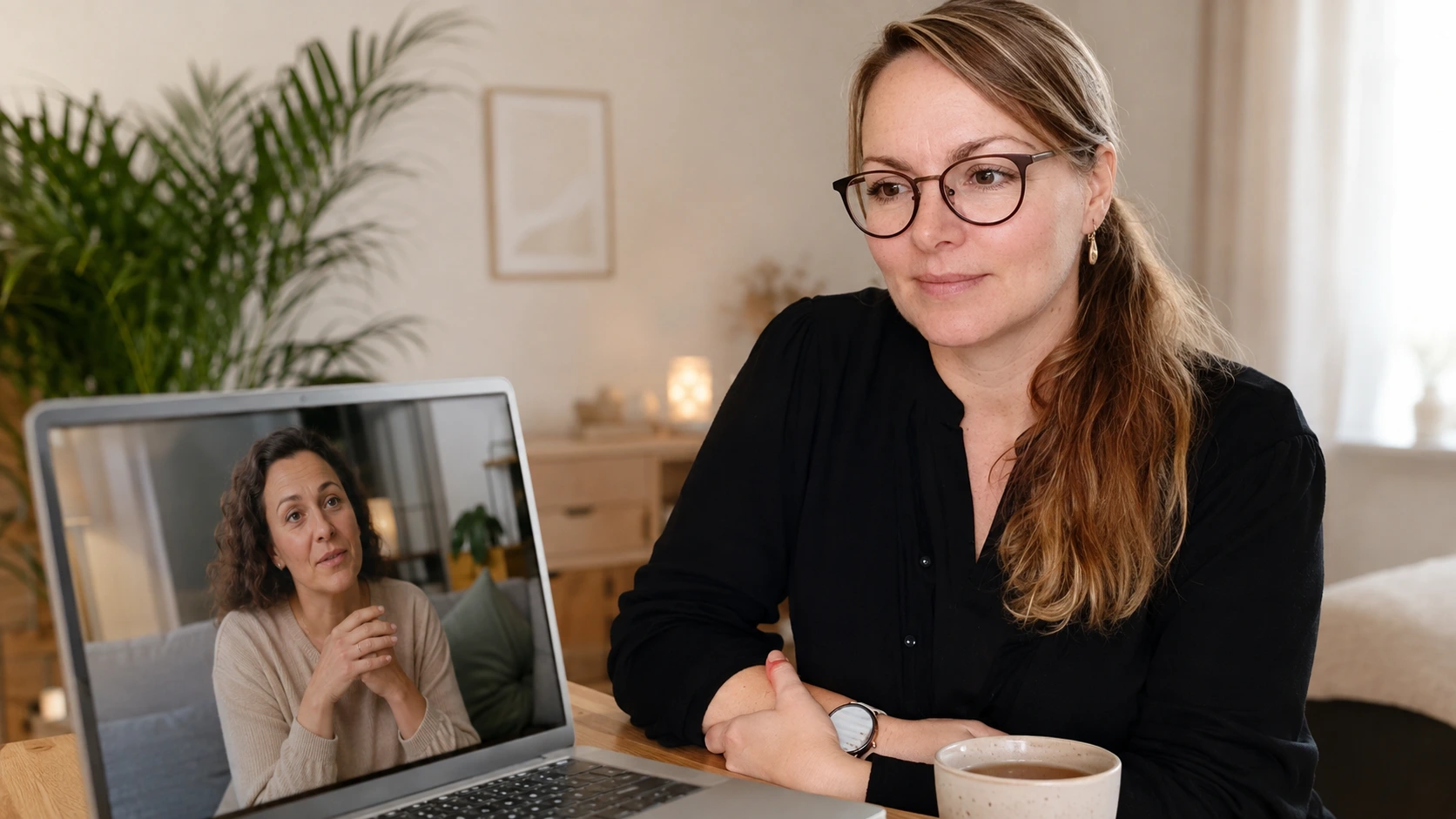 Zwei Frauen im ruhigen Gespräch per Video-Call – ein Kennenlerngespräch ohne Druck
